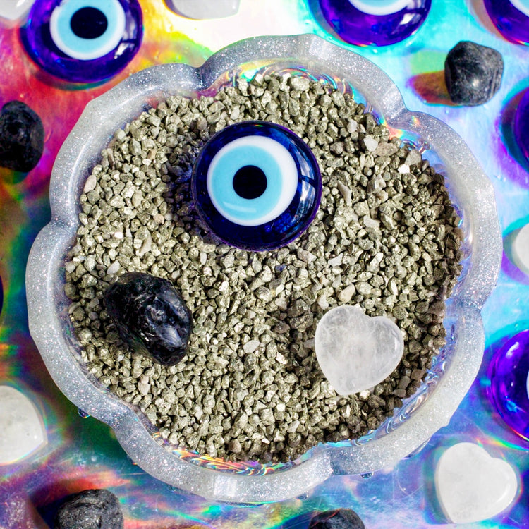 Evil Eye Crystal Car Vent Clip Trio – Glass Evil Eye, Apache Tear Obsidian & Clear Quartz Heart