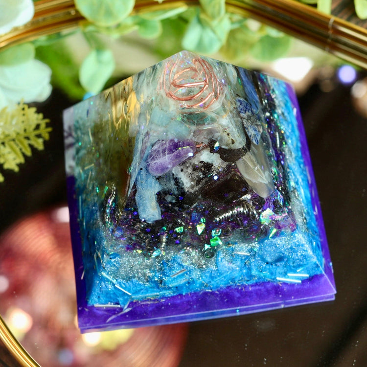 Blue & Purple Orgonite Pyramid: Crystal Energy Generator, EMF Protection Psychic Activation
