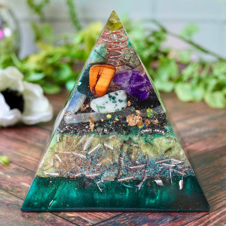Orgonite Pyramid: Citrine, Pyrite & Tiger's Eye - EMF Protection