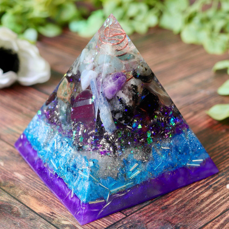 Blue & Purple Orgonite Pyramid: Crystal Energy Generator, EMF Protection Psychic Activation
