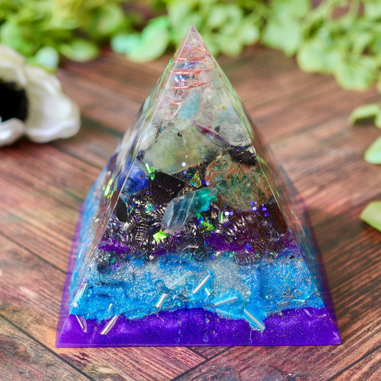 Blue & Purple Orgonite Pyramid: Crystal Energy Generator, EMF Protection Psychic Activation