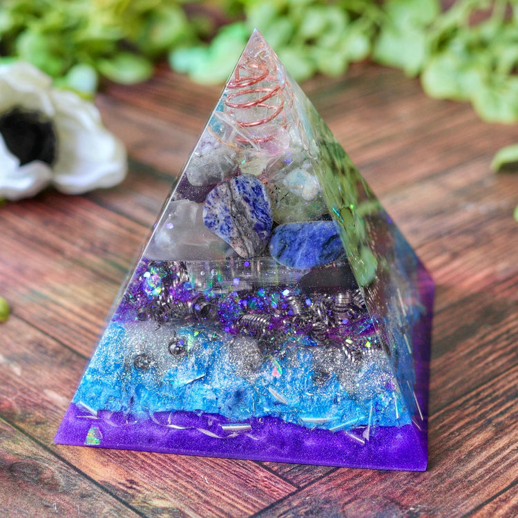 Blue & Purple Orgonite Pyramid: Crystal Energy Generator, EMF Protection Psychic Activation