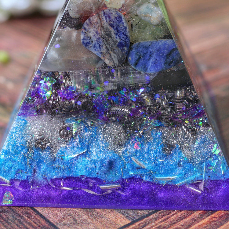 Blue & Purple Orgonite Pyramid: Crystal Energy Generator, EMF Protection Psychic Activation