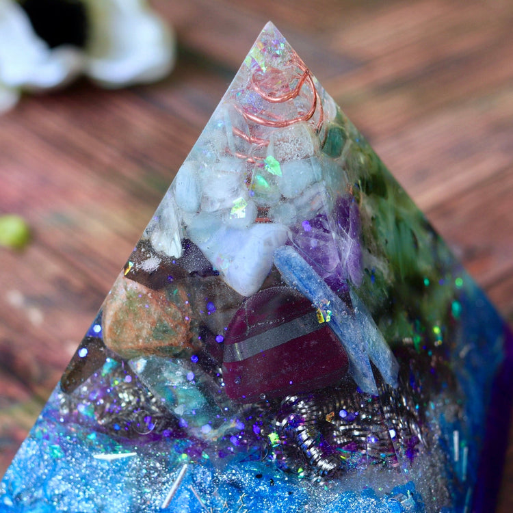 Blue & Purple Orgonite Pyramid: Crystal Energy Generator, EMF Protection Psychic Activation