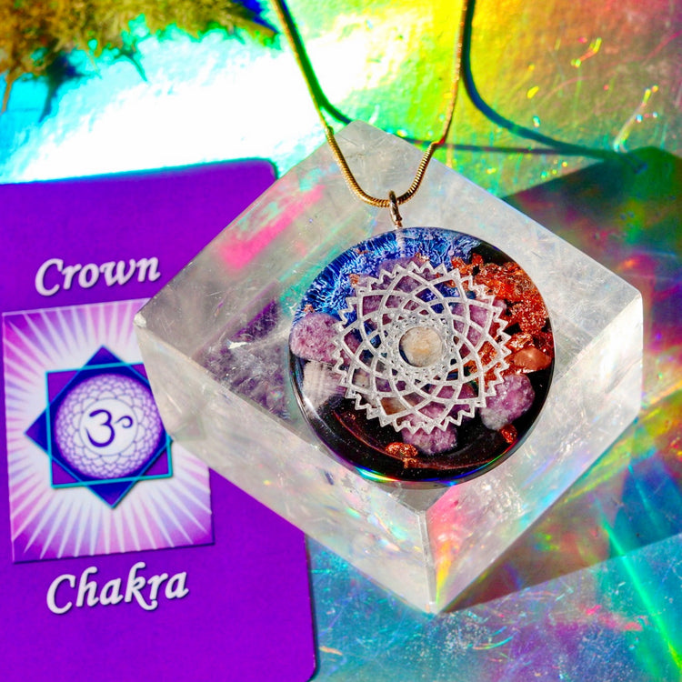 Handmade Orgonite Crystal Necklace – Quartz & Lepidolite Crown Chakra Pendant