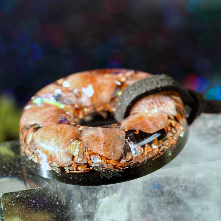 Sunstone Orgonite Donut Pendant with Quartz & Copper