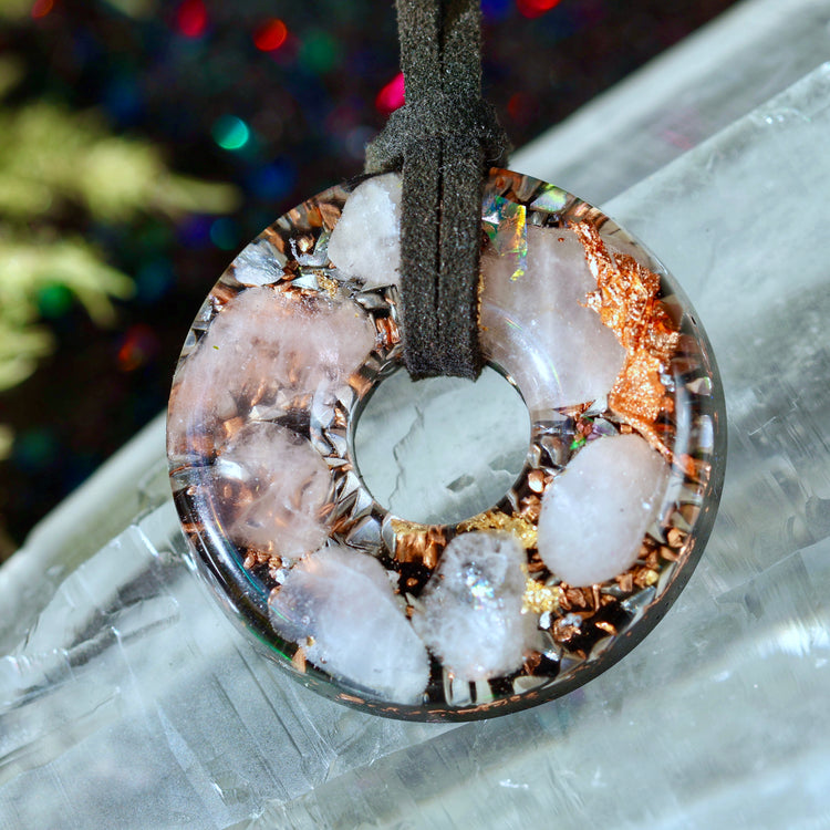 Rose Quartz Orgonite Donut Pendant with Quartz & Copper