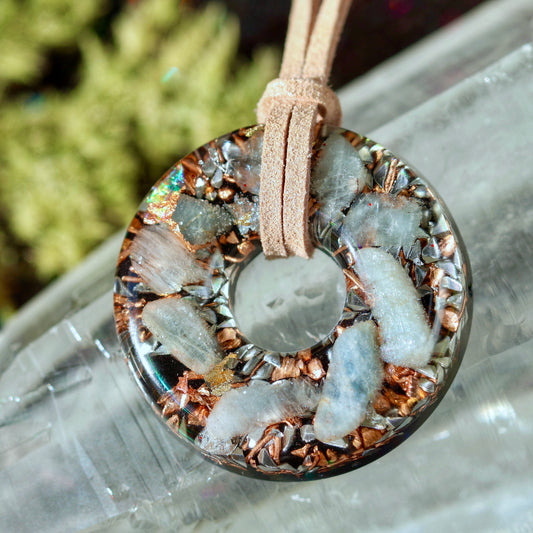 Aquamarine Orgonite Donut Pendant with Quartz & Copper