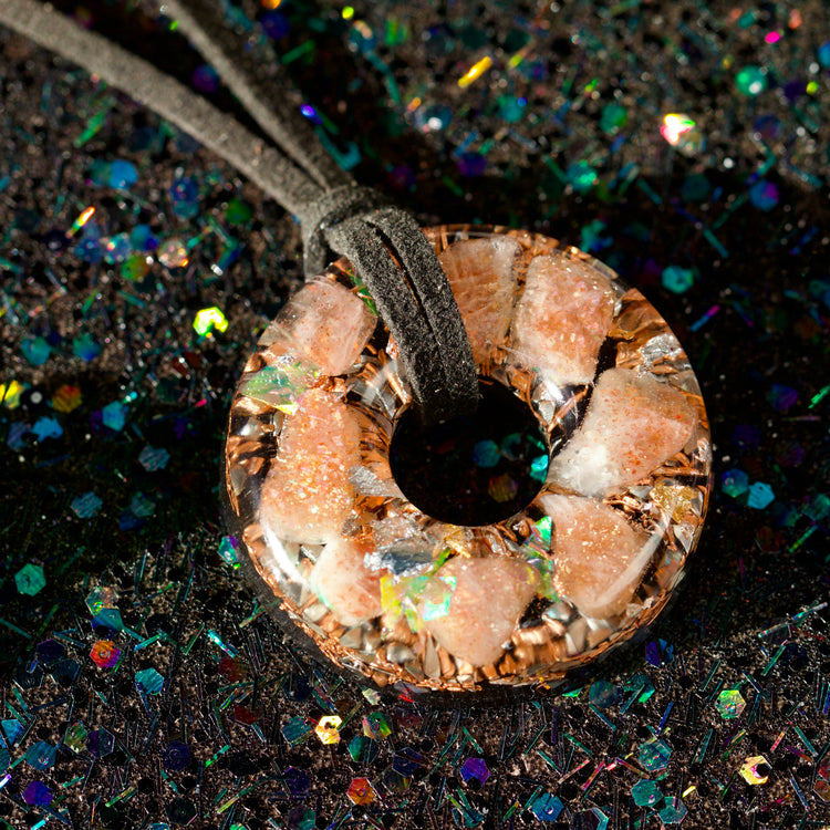 Sunstone Orgonite Donut Pendant with Quartz & Copper
