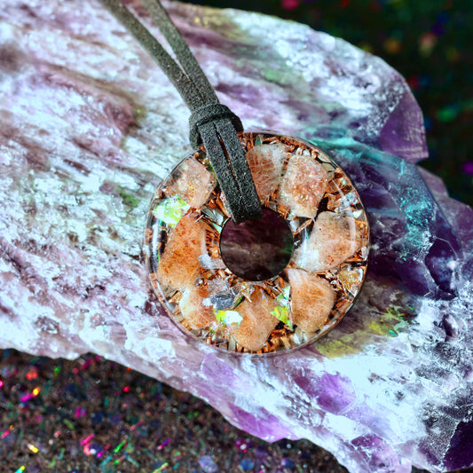 Sunstone Orgonite Donut Pendant with Quartz & Copper