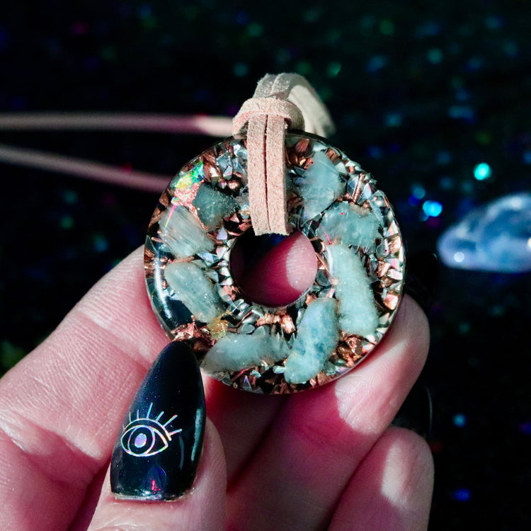 Aquamarine Orgonite Donut Pendant with Quartz & Copper
