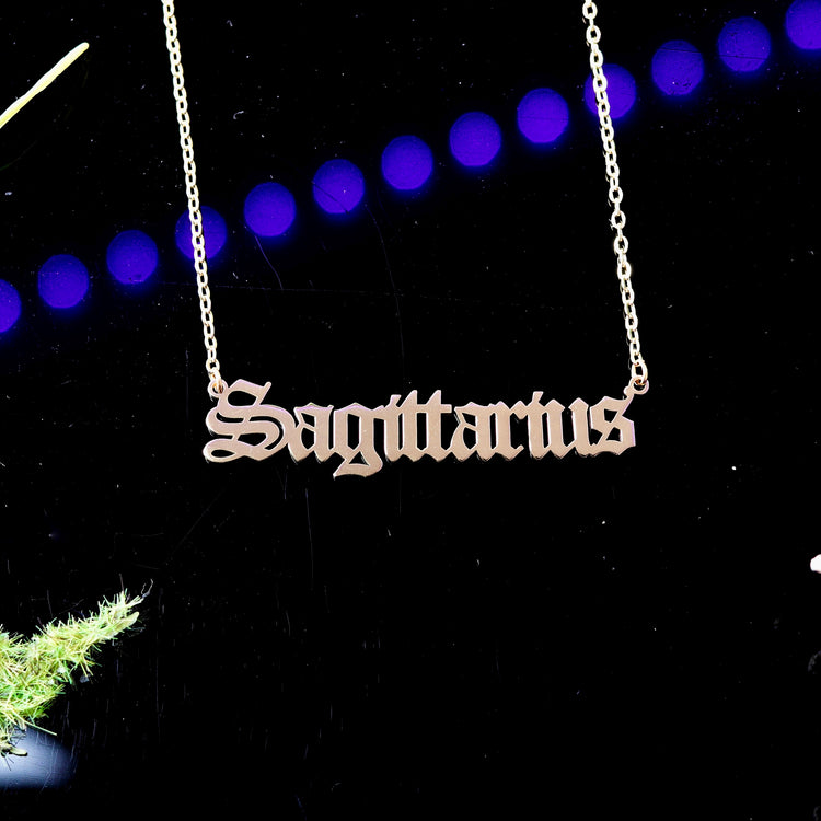 Gold Zodiac Script Pendant Astrology Necklace