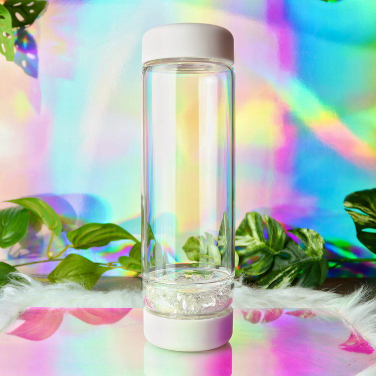 Crystal Water Bottle with Quartz Gemstone Chamber & Flower of Life Symbol