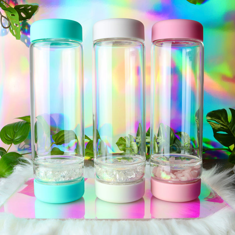 Crystal Water Bottle with Quartz Gemstone Chamber & Flower of Life Symbol