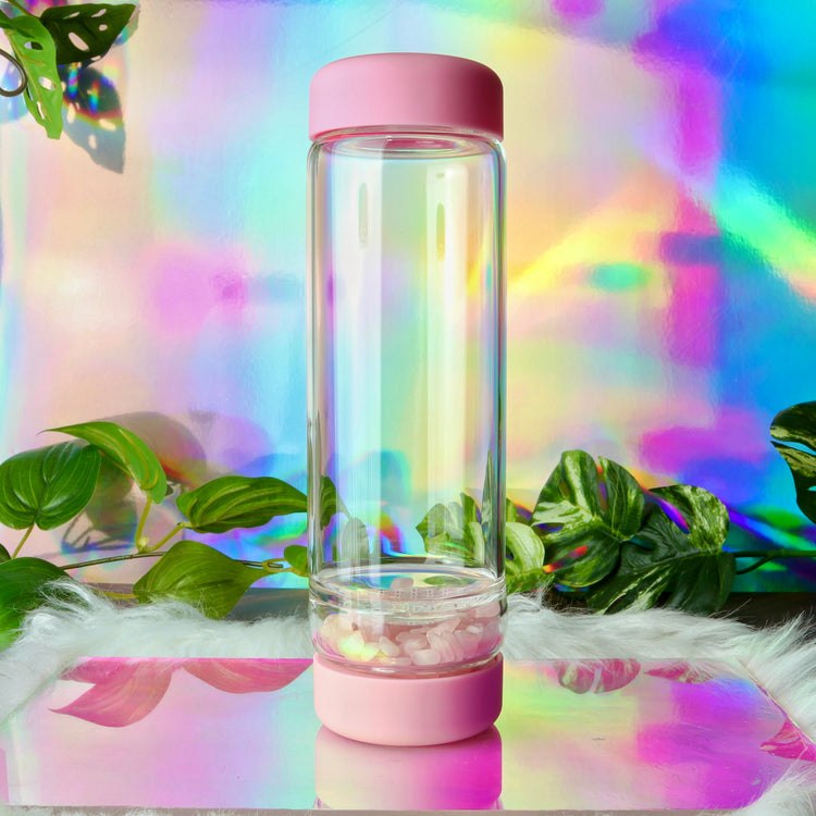 Crystal Water Bottle with Quartz Gemstone Chamber & Flower of Life Symbol