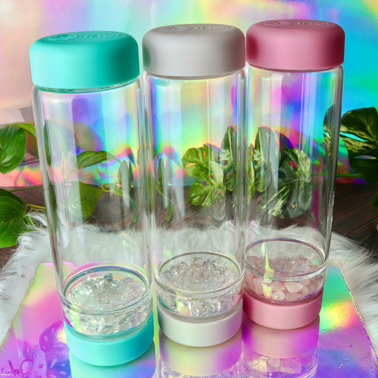 Crystal Water Bottle with Quartz Gemstone Chamber & Flower of Life Symbol