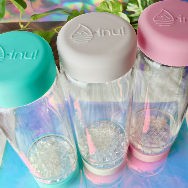 Crystal Water Bottle with Quartz Gemstone Chamber & Flower of Life Symbol