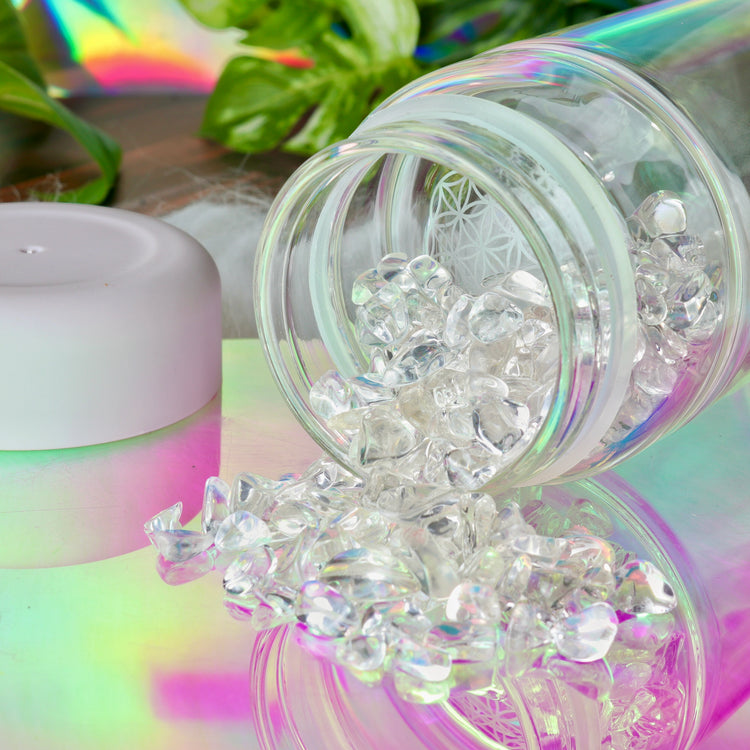 Crystal Water Bottle with Quartz Gemstone Chamber & Flower of Life Symbol