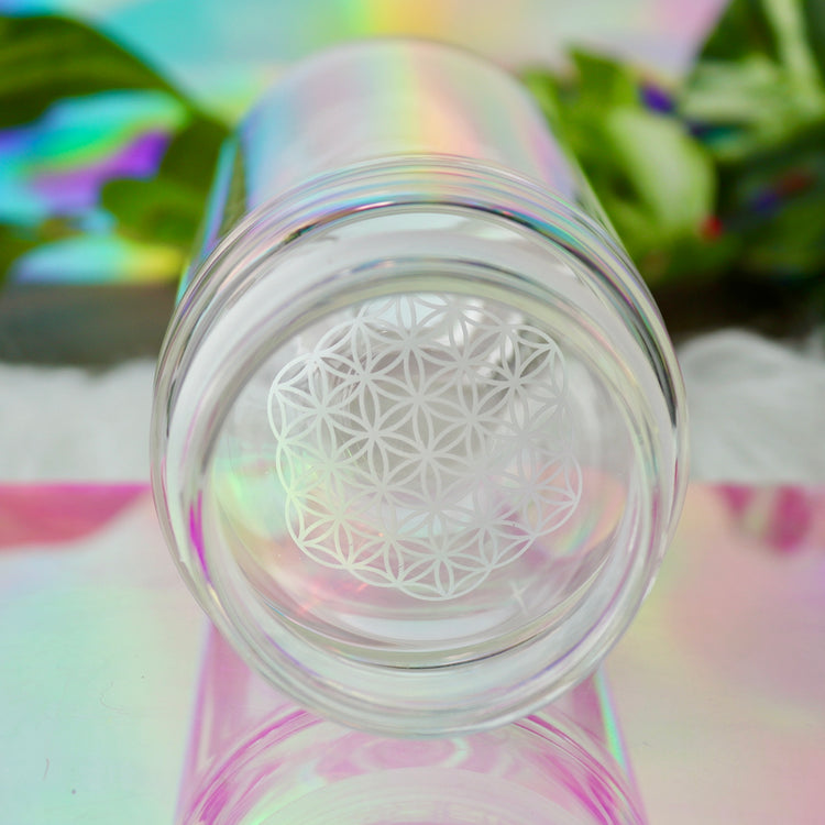 Crystal Water Bottle with Quartz Gemstone Chamber & Flower of Life Symbol