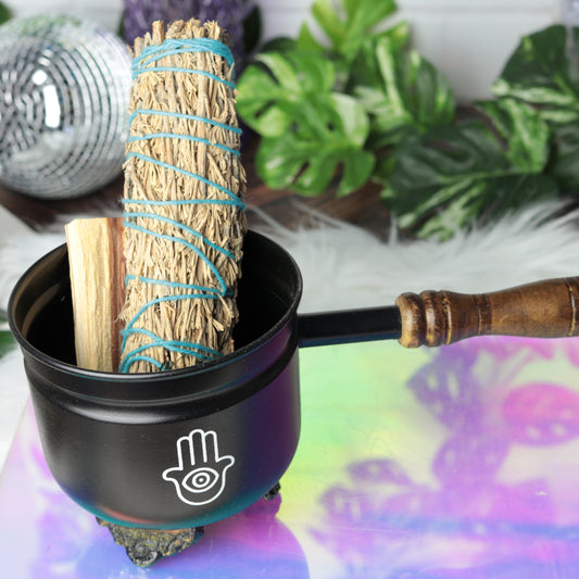 Hamsa Hand Metal Smudge Burner with Wooden Handle – Perfect for House Cleansing Rituals
