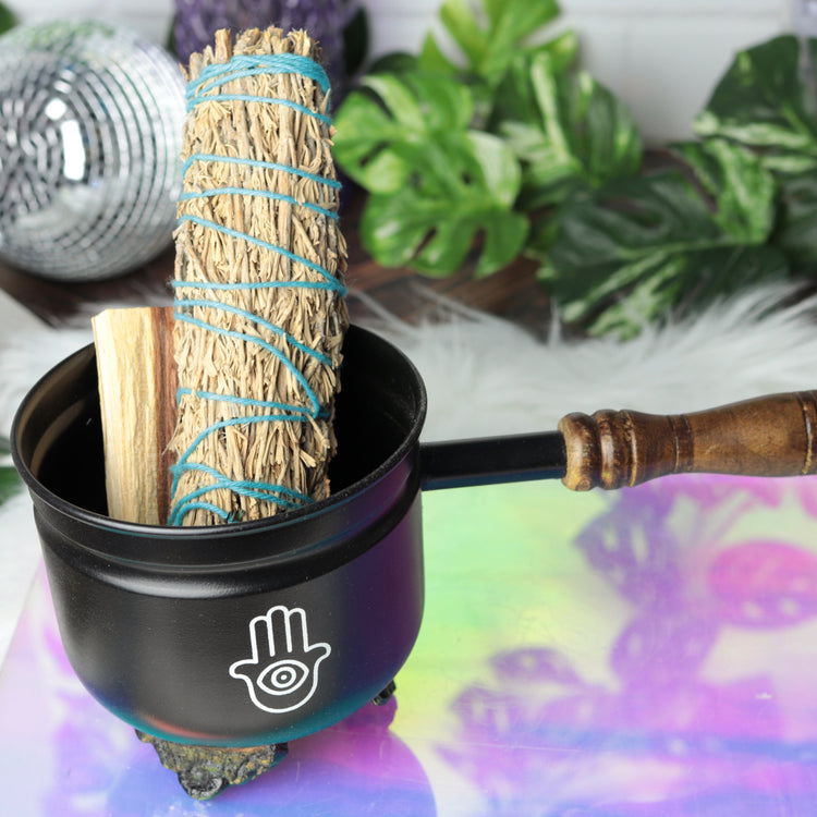 Hamsa Hand Metal Smudge Burner with Wooden Handle – Perfect for House Cleansing Rituals