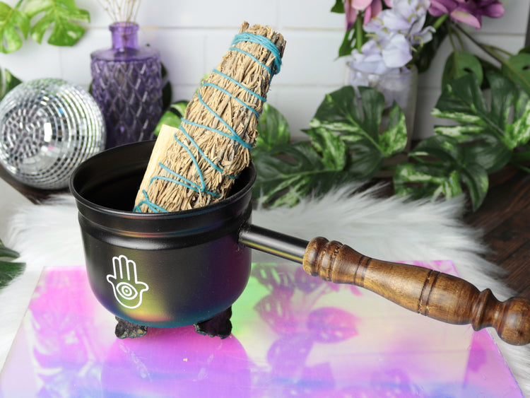 Hamsa Hand Metal Smudge Burner with Wooden Handle – Perfect for House Cleansing Rituals