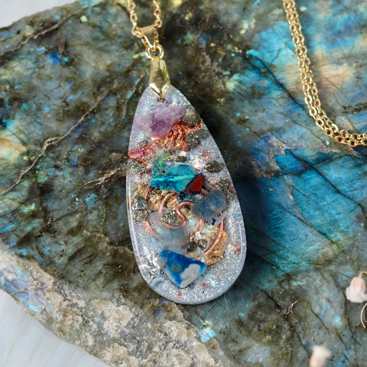 Orgonite Pendant Necklace with Shungite, Quartz & Blue Sapphire