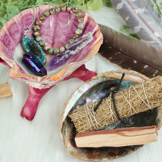Abalone and Lion's Paw Sacred Smudging Shell with Wood Tripod Stand for Energy Cleansing Ceremonies