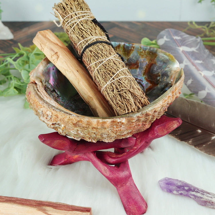Abalone and Lion's Paw Sacred Smudging Shell with Wood Tripod Stand for Energy Cleansing Ceremonies