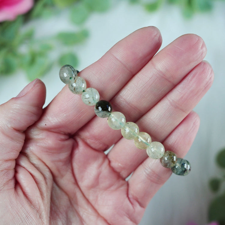 Prehnite Crystal Bracelet w/ Polished Gemstone Bead on Stretch Cord for Heart Chakra & Solar Plexus Jewelry - Virgo, Capricorn or Libra Gift