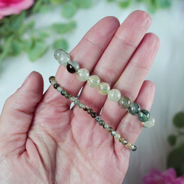 Prehnite Crystal Bracelet w/ Polished Gemstone Bead on Stretch Cord for Heart Chakra & Solar Plexus Jewelry - Virgo, Capricorn or Libra Gift