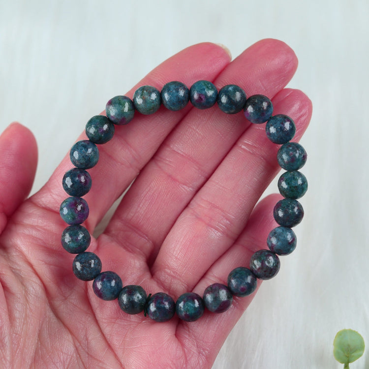 Ruby Kyanite Crystal Bracelet w/ 8mm Polished Gemstone Bead - Aries, Libra, Leo, Capricorn Gift - Heart, Throat, Root Chakra Jewelry