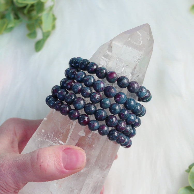 Ruby Kyanite Crystal Bracelet w/ 8mm Polished Gemstone Bead - Aries, Libra, Leo, Capricorn Gift - Heart, Throat, Root Chakra Jewelry