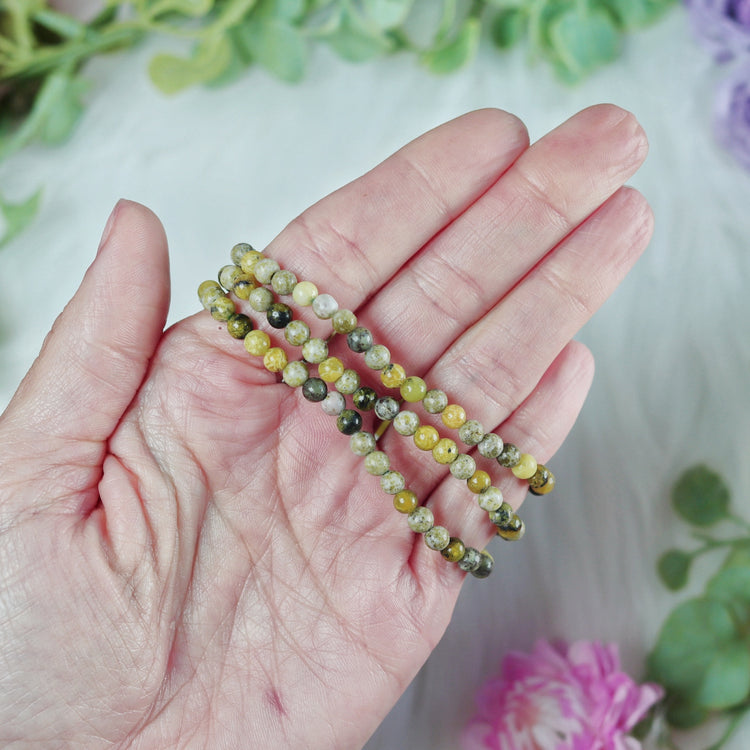 Serpentine Gemstone Crystal Bead Stretch Bracelet for Energy Cleansing & Inner Strength - Heart Chakra Jewelry - Solar Plexus Bracelet