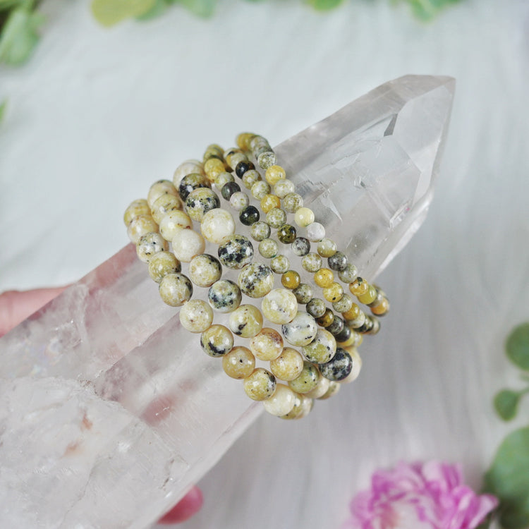 Serpentine Gemstone Crystal Bead Stretch Bracelet for Energy Cleansing & Inner Strength - Heart Chakra Jewelry - Solar Plexus Bracelet