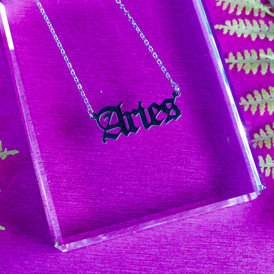 Silver Zodiac Script Pendant Astrology Necklace