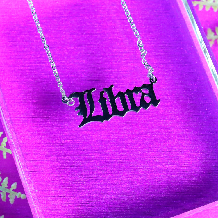 Silver Zodiac Script Pendant Astrology Necklace